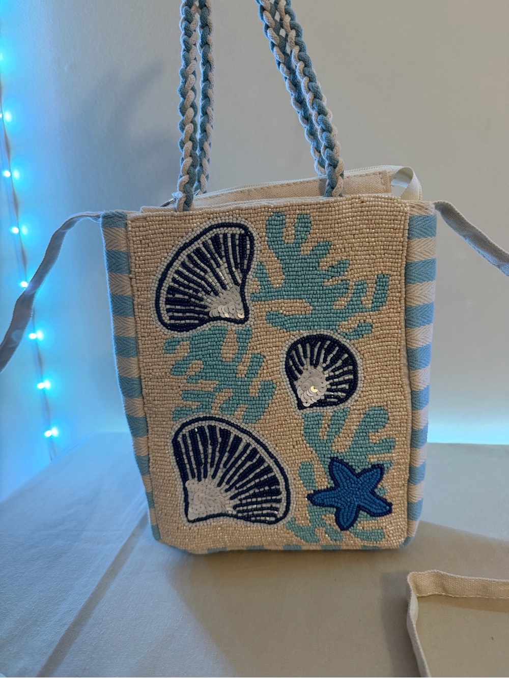 Seaside Beaded Tote Bag in Light Blue and Cream